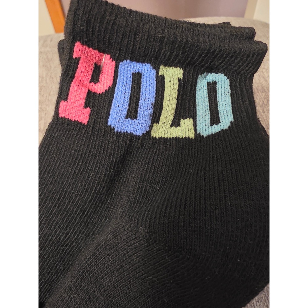 Polo Ralph Lauren 6 Pair Black Ankle Socks Multi Color Logo Size 9-11 NEW
